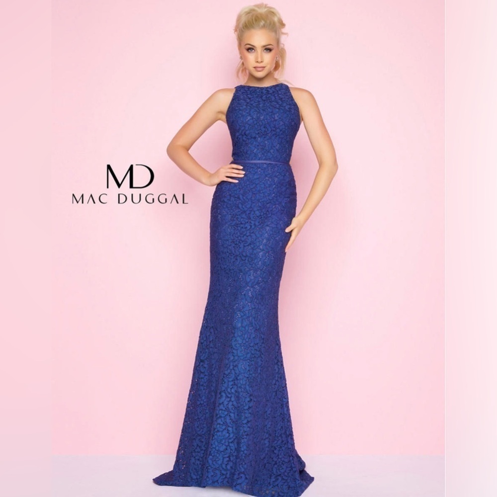 Mac Duggal Size 4 Gown Sapphire Navy Blue Lace Formal Dress Flash 62691
